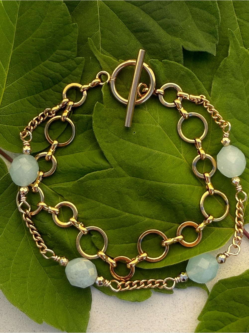 Designer Amazonite Faceted Teal Draped  Gold Stainless Steel Toggle Bracelet